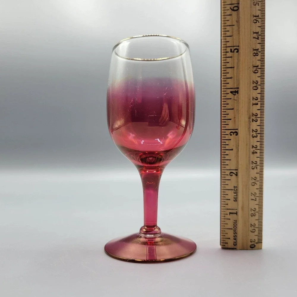Vintage Set Of 2 MCM Cranberry Ombre Wine Glasses With Gold Rim Accent #2